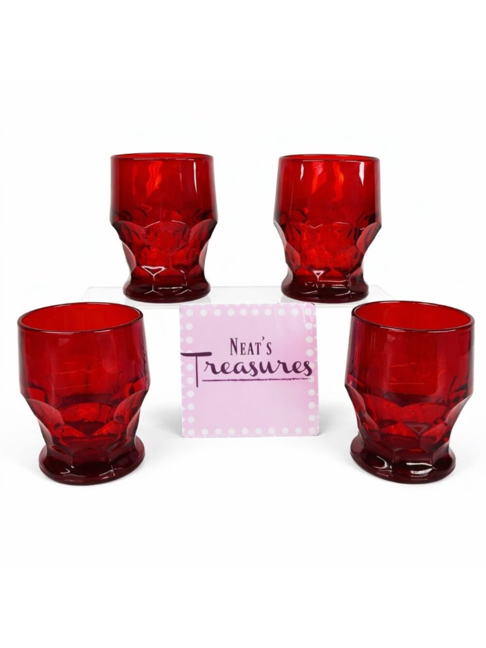 Vintage Viking GEORGIAN RUBY RED Honeycomb 9oz Flat Pressed Glass Tumbler Set 4